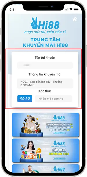 Bước 4: Nhập " Tên tài khoản" → chọn mã khuyến mãi " ND01 " → Nhập mã xác thực.